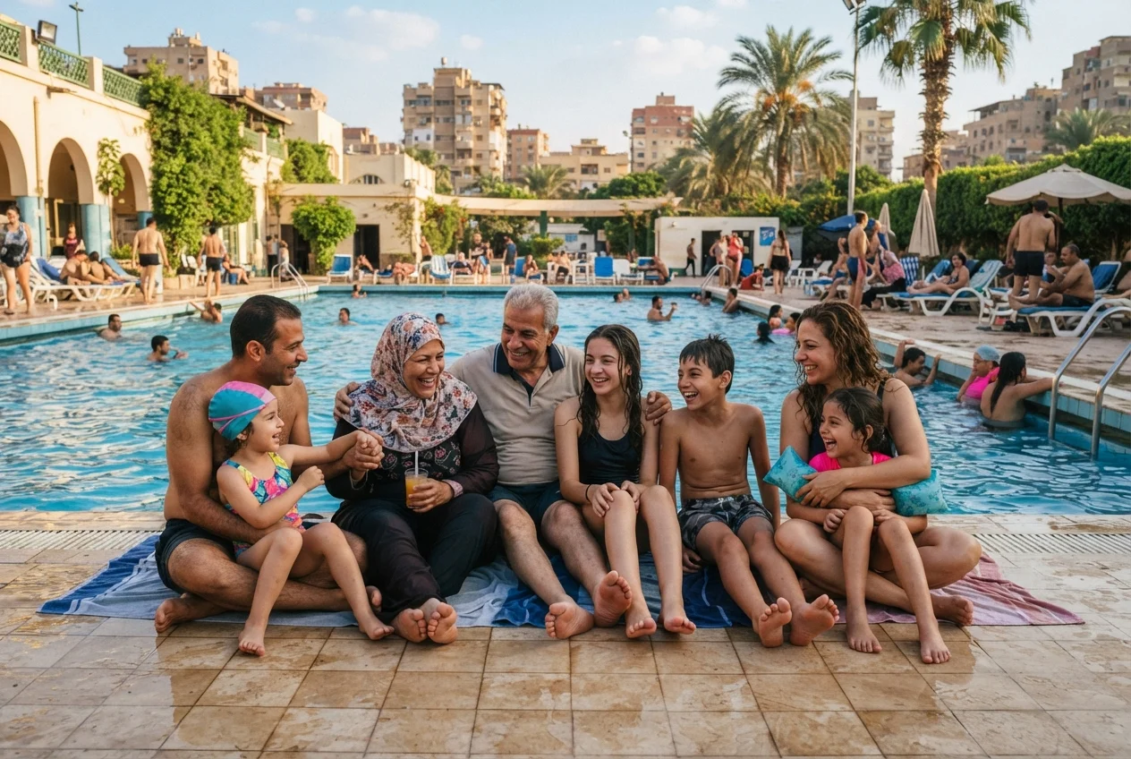 عائلة مع أطفالها بجوار حوض السباحة في نادي العائلة للسباحة بالهليوبوليس