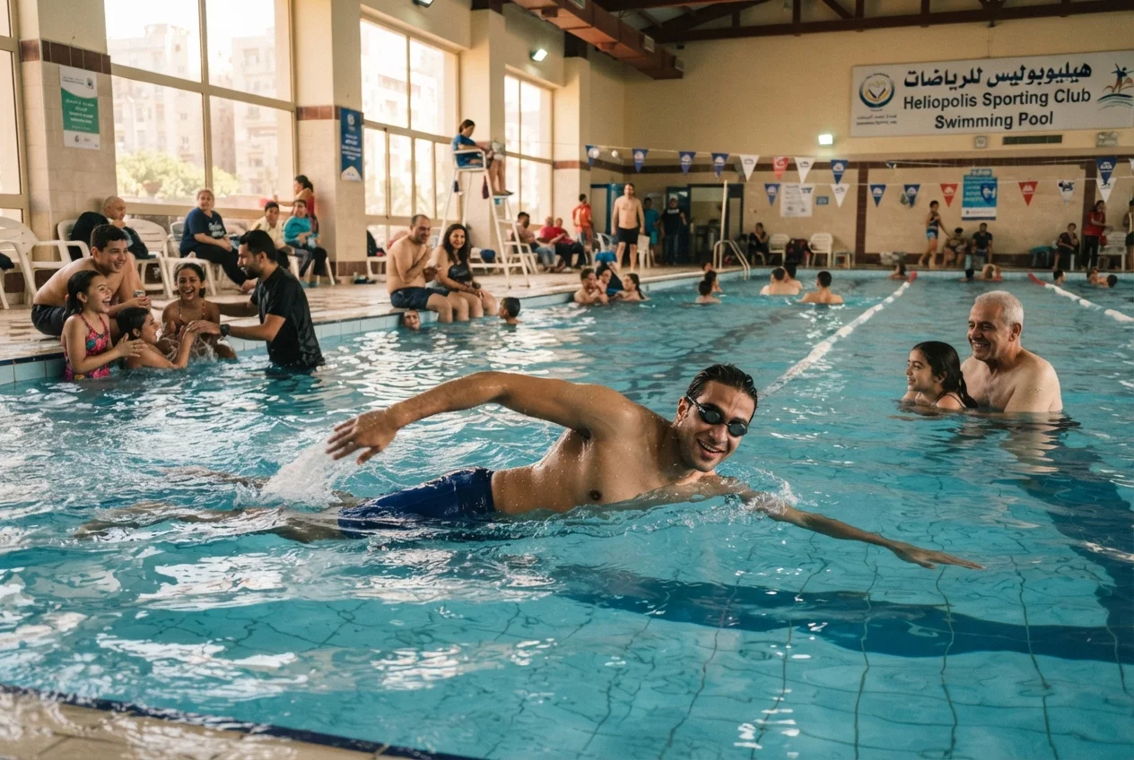 عائلة تمارس تمارين سباحة في حوض النادي بالهليوبوليس